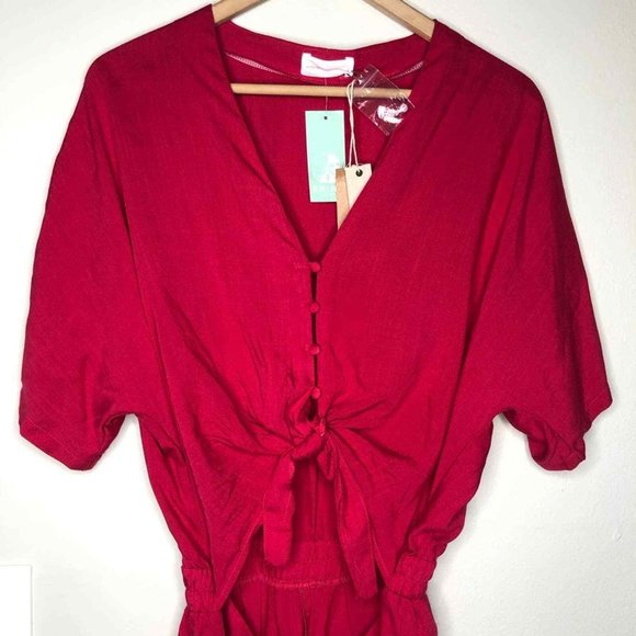 Mustard Seed Front Tie Red Romper Short Sleeves Cut Out Rayon 100% Size M - Picture 10 of 12